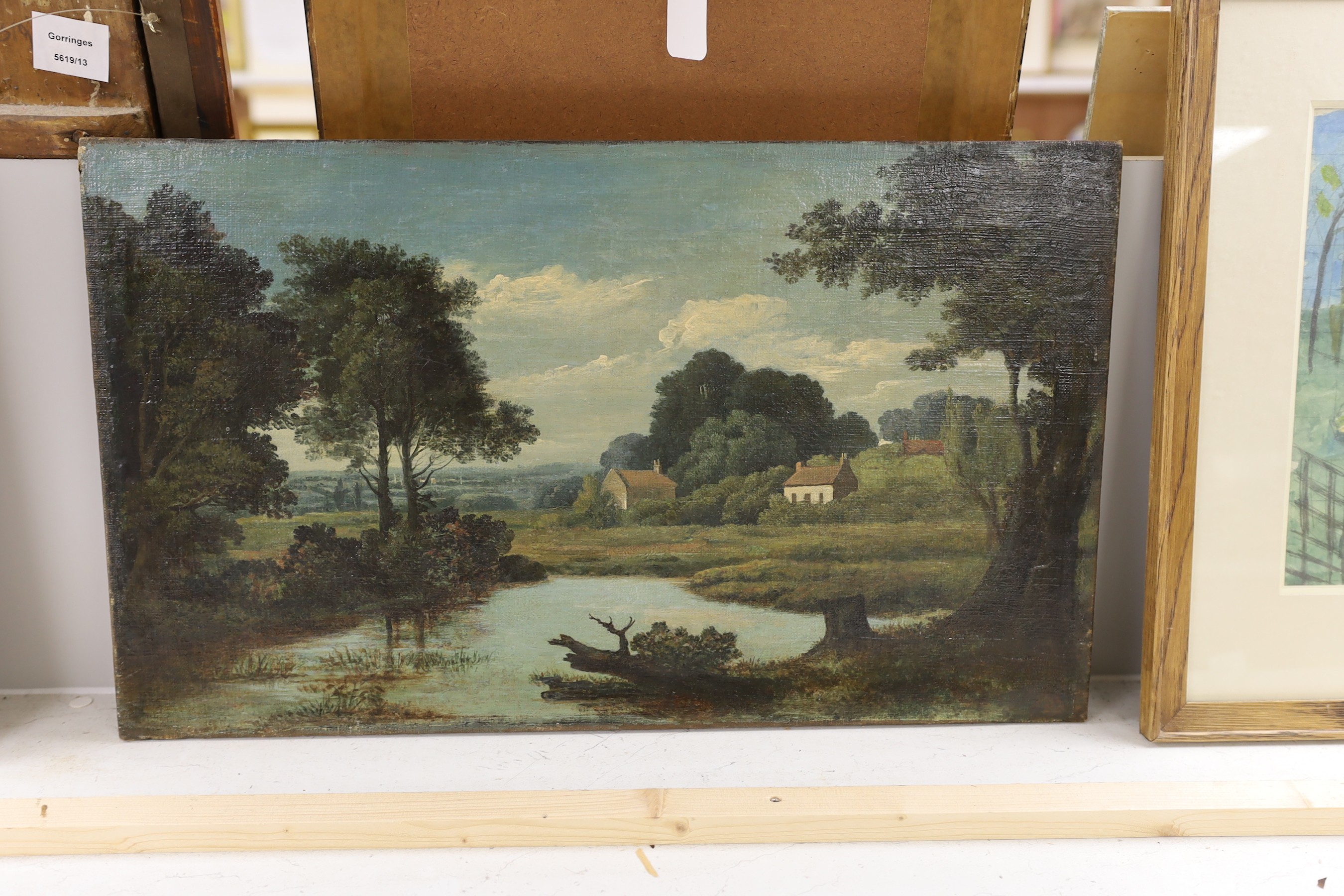 19th century Continental School, oil on canvas, River landscape, 35 x 58cm, unframed